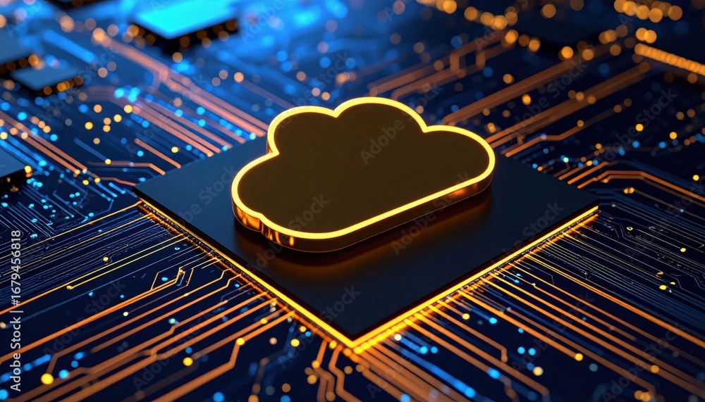 Poster a digital illustration of a cloud icon on a circuit board background, symbolizing cloud computing an