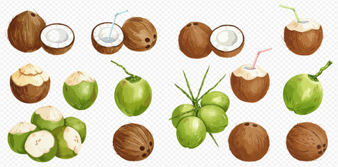 A collection of illustrated coconuts showing green and brown varieties, whole, halved with white flesh, and served as tropical drinks with straws.