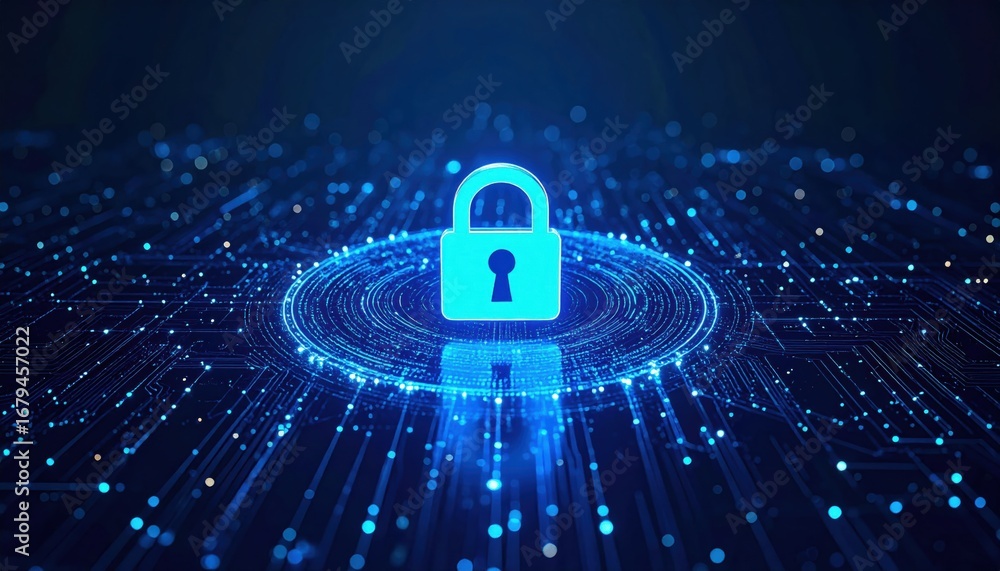 Poster a digital lock icon glows at the center of a network of blue lines and dots, symbolizing cybersecuri
