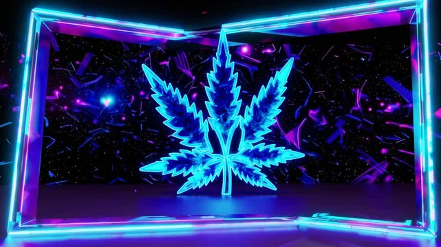 Three-dimensional rendering of neon blue cannabis leaf set within abstract ultraviolet illuminated frame with 80s retro aesthetic