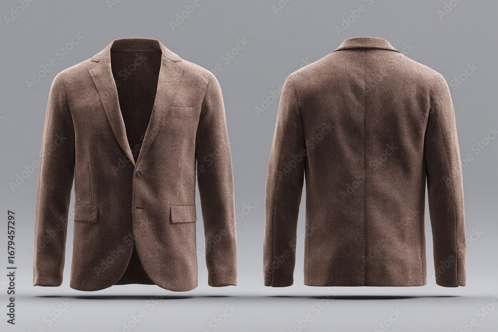 Poster elegant brown jacket displayed in front and back views, showcasing texture and tailored design, perf