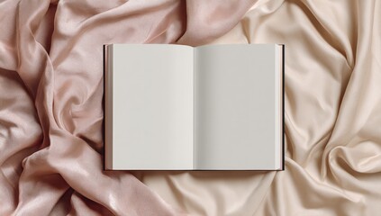 Fototapeta premium Open notebook on draped blush and beige fabric