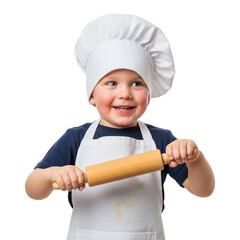 happy little boy in chef uniform holds rolling pin on Isolated transparent background png. generated with AI