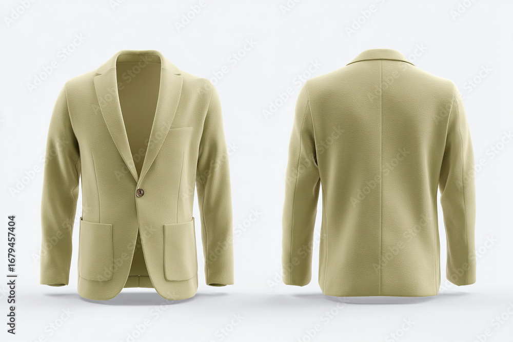 Poster elegant neutral blazer. front shows button closure and open pockets. back view shows tailored seams.