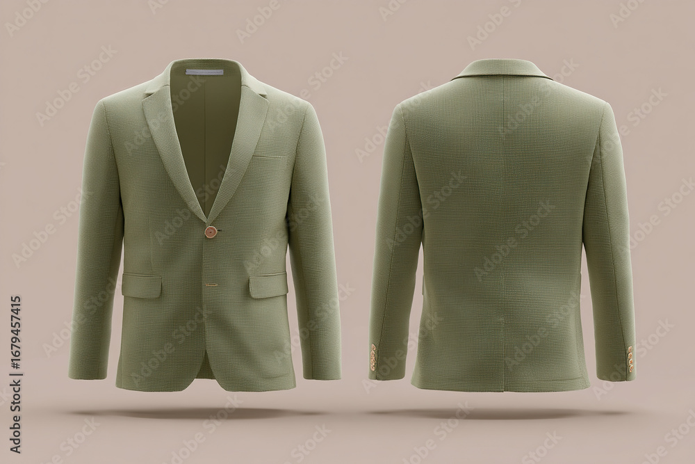 Poster stylish light green blazer with textured fabric, presented from both the front and back for a comple