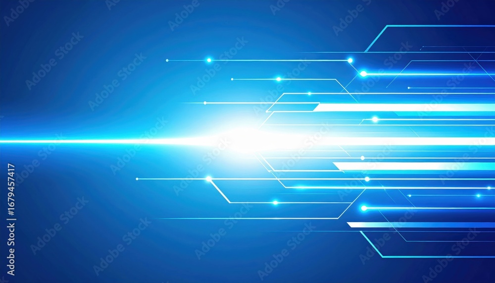 Poster a dynamic blue abstract design featuring light beams and lines, suggesting speed and technology.