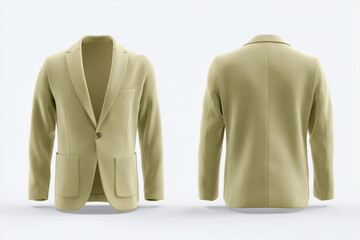 Elegant neutral blazer. Front shows button closure and open pockets. Back view shows tailored seams. Versatile addition to any wardrobe.