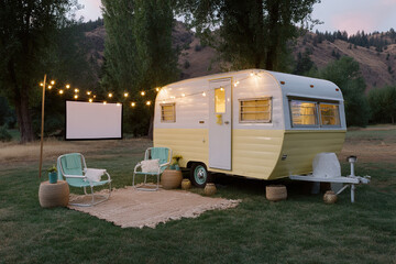 Vintage camper getaway with outdoor movie setup under the stars. Cozy retreat with charming accents and a relaxing atmosphere.