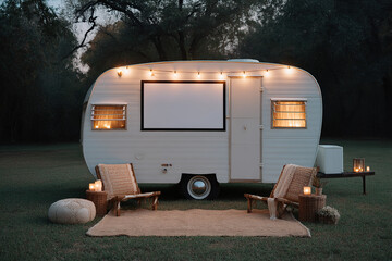 Retro camper under string lights, creating a cozy outdoor movie night ambiance in a tranquil, verdant setting. Perfect for relaxation!