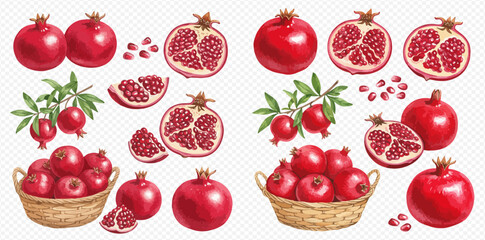 A vibrant collection of pomegranate illustrations, featuring whole fruits, juicy cross-sections, seeds, and a wicker basket.
