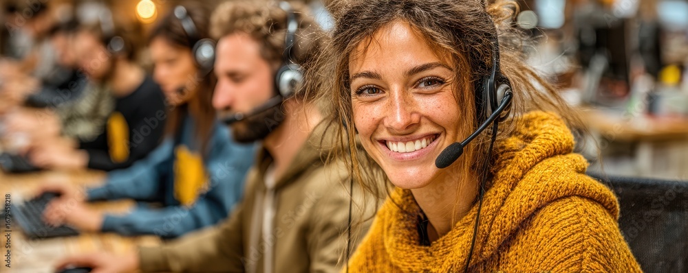 Poster smiling call center agent in a busy modern office environment