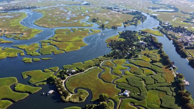 Aerial view of the extensive network of water channels forming river delta system