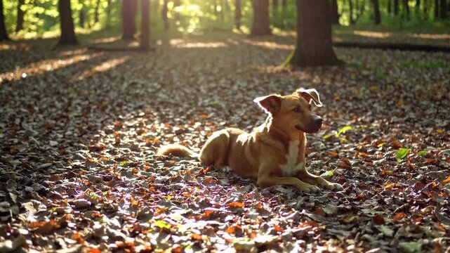 cute, happy, and mixed-breed brown dog, resembling Golden Retriever, lying down contentedly on the ground in sunny forest environment