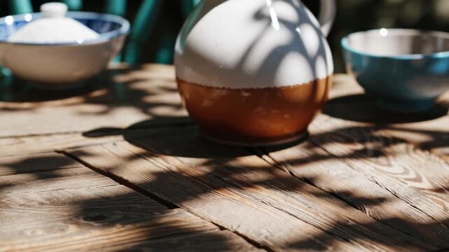 earthenware jug in pale and reddish-brown hues positioned atop timber surface dappled with foliage shadows alongside azure bowl containing sweetener and bluish-green seated furniture piece