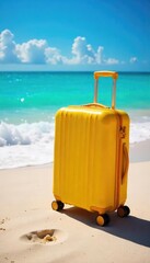 A brightly colored suitcase sits on a sandy beach, ready for a summer getaway Ocean waves gently lap the shore in the background, suggesting relaxation and adventure , camera, resort, sea