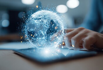 Digital globe hovers over tablet. Hands interact with projected world map