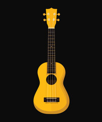 Naklejka premium Ukulele, a simple flat vector illustration with a black background, no shadows, and no gradients, in a yellow color only.