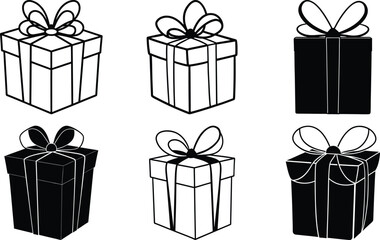 Vector art of set of six black and white handdrawn gift boxes with ribbons and bows