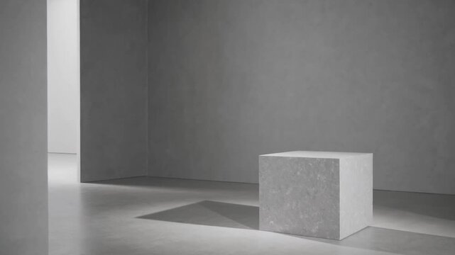 Rock stand platform on pale grey cement studio chamber foundation for exhibition model example, three-dimensional computer graphics