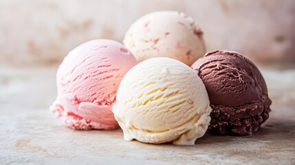 A close up of four scoops of ice cream in different flavors on a textured surface background