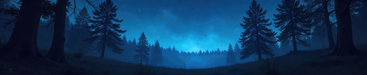Fototapeta premium A cinematic backdrop of a mysterious, dark forest at night, silhouetted trees against a starlit sky, perfect for film noir or fantasy projects , starscape, fantasy