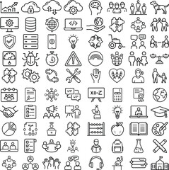 Naklejka premium Collection of various education, business, technology, and social media icons isolated on white background