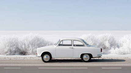 Serene winter scene featuring a classic white car parked by a road with snow-laden bushes. Perfect minimalist background.