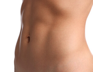 Woman with flat belly on white background, closeup