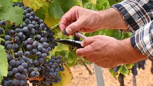 Cannonau grapes. The agronomist in the vineyard collects and squeezes the grapes on the refractometer to measure the sugar content. Traditional agriculture. Sardinia. 4k resolution.