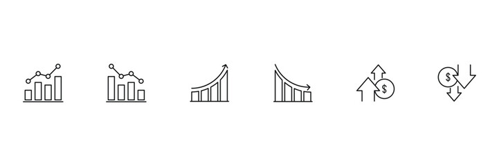 Money increase or decrease black icon set. dollar decrease increase symbol. Price, sale, rate or profit going up or down symbol with arrow and dollar sign. 