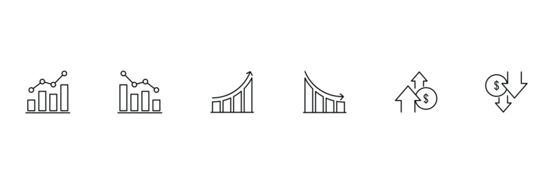 Money increase or decrease black icon set. dollar decrease increase symbol. Price, sale, rate or profit going up or down symbol with arrow and dollar sign. 