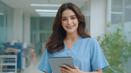 a hospital corridor with carts and doors cluttered with medical charts soft natural light from windows a doctor in scrubs walking with a tablet natural poses as she scrolls