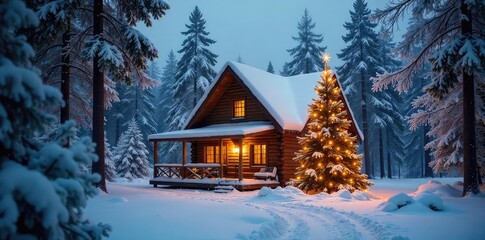 Fototapeta premium A cozy cabin nestled in a snowy winter wonderland, perfect for a relaxing holiday getaway Christmas tree, fireplace, snow-covered trees, warm lighting create a festive atmosphere , quiet, nature