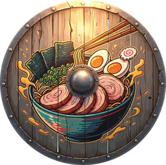 Fototapeta premium Vector, illustration, round shield like table with ramen food, Japanese food, poster, 