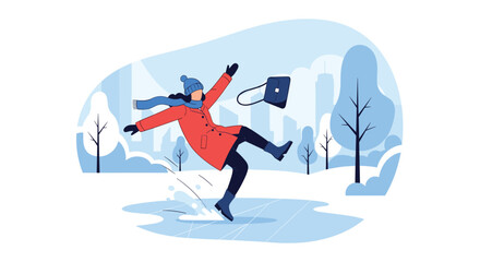 Woman slipping on icy path during winter walk losing handbag and scarf in snowy park