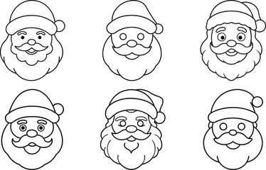 Vector art of collection of six santa claus faces, three black and three white, featuring different beard styles and expressions