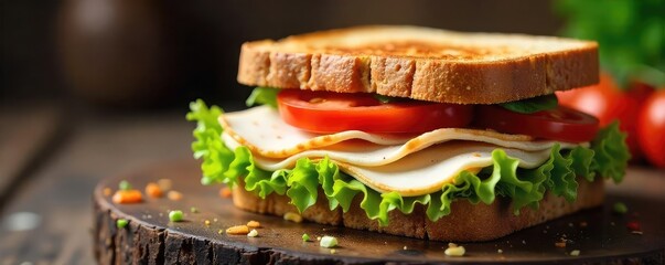 A delicious and hearty turkey sandwich overflowing with sliced turkey breast, crisp lettuce, juicy tomato, and mayonnaise on toasted wheat bread ,  poultry,  recipe,  appetizing