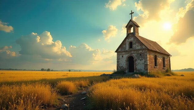 A dilapidated, crumbling church stands in stark contrast to a vibrant, sun-drenched field, symbolizing the disparity between spiritual hope and material poverty , grass, old, fullness