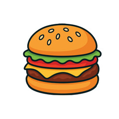Delicious Double Layer Burger with Cheese, Lettuce, Tomato Fast Food Vector Illustration