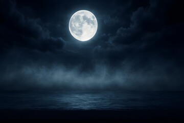 Spooky Full Moon Over a Misty Ocean. Full moon and clouds