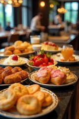 Obraz premium A lavish buffet breakfast spread with assorted pastries, fresh fruit, yogurt parfaits, cereal, and hot beverages Enjoy a delicious and diverse start to your day , cereal, buffet
