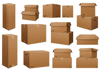 Collection of cardboard boxes various sizes shapes ideal for shipping storage and packaging needs transparent background