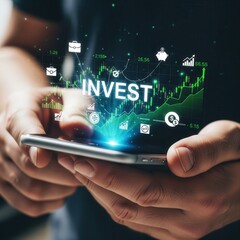 Fototapeta premium Fintech investment concept with person holding phone and stock graph.