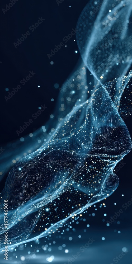 Aufkleber abstract digital blue network with glowing particles and flowing waveforms