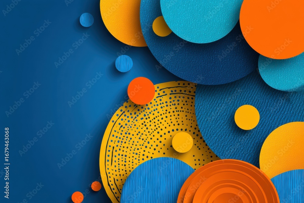 Poster geometric abstract artwork with vibrant colorful circular patterns on blue background