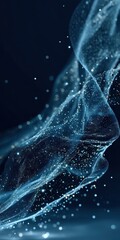 Abstract digital blue network with glowing particles and flowing waveforms
