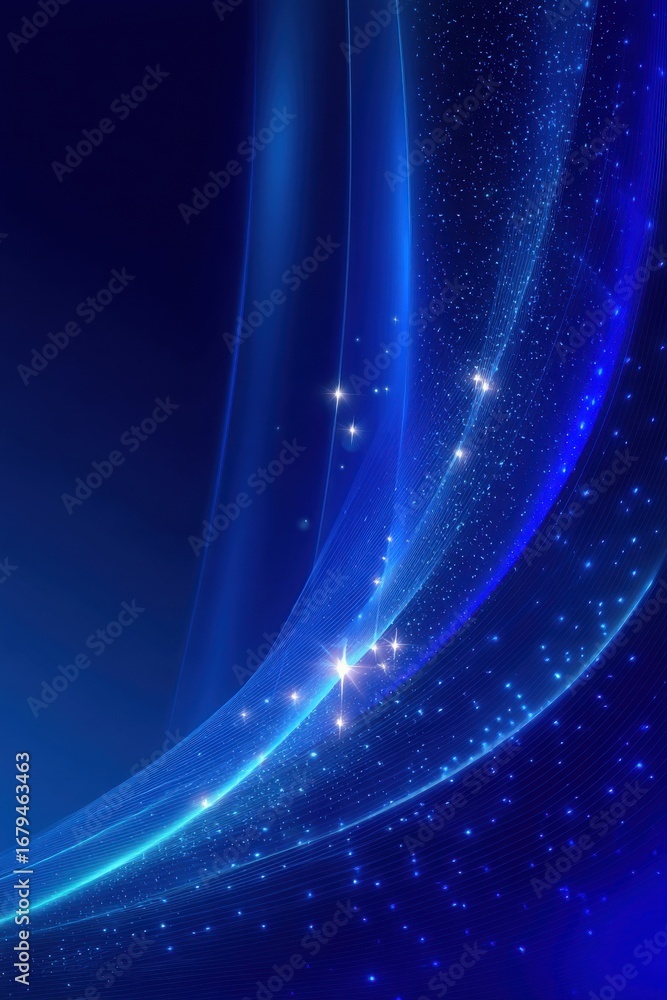 Poster abstract blue background with glowing effects and dynamic sparkles