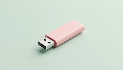 Minimalist pink USB flash drive illustration on soft pastel green background
