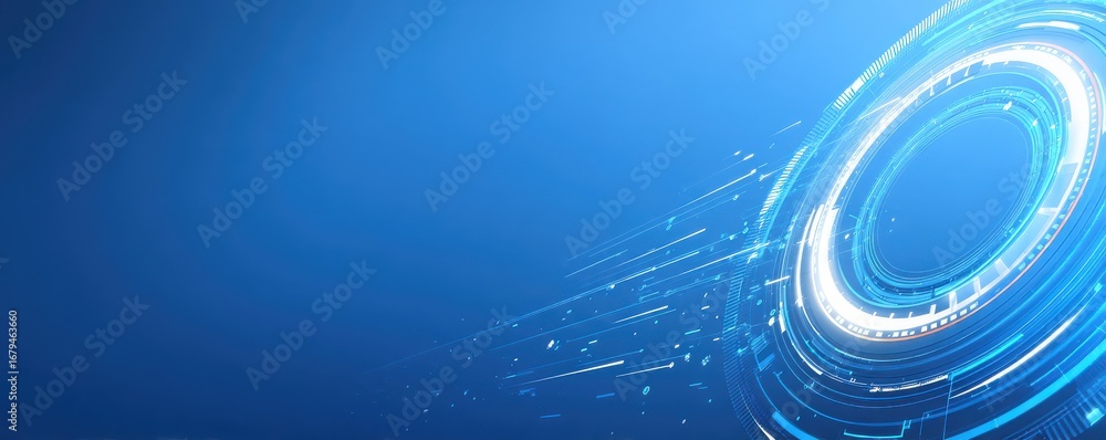 Poster futuristic blue digital interface with glowing circular elements and gradient background