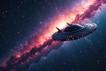 Obraz premium Mysterious Shimmering UFO Encounter Over Andromeda Galaxy A Breathtaking Cosmic Spectacle of Otherworldly Lights Illuminating Nebulae and Cosmic Dust.